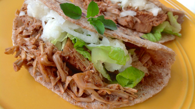 Jackfruit Soft Tacos topped with Shredded Sweet and Sour Jicama